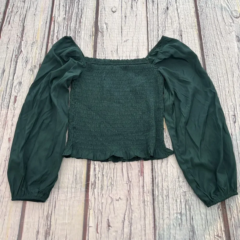 Women Puff Long Sleeve Square Neck Smoked Tops Off The Shoulder Tops Blouses S